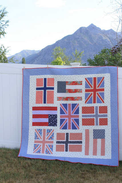 Quilt made representing flags from the US, UK and Norway