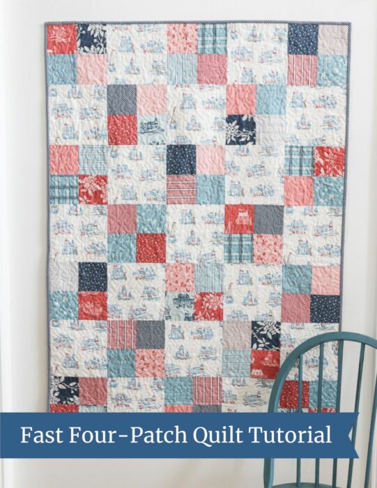 Perfect beginning-quilting project. Fast Four-Patch quilt is one of my most popular tutorials!