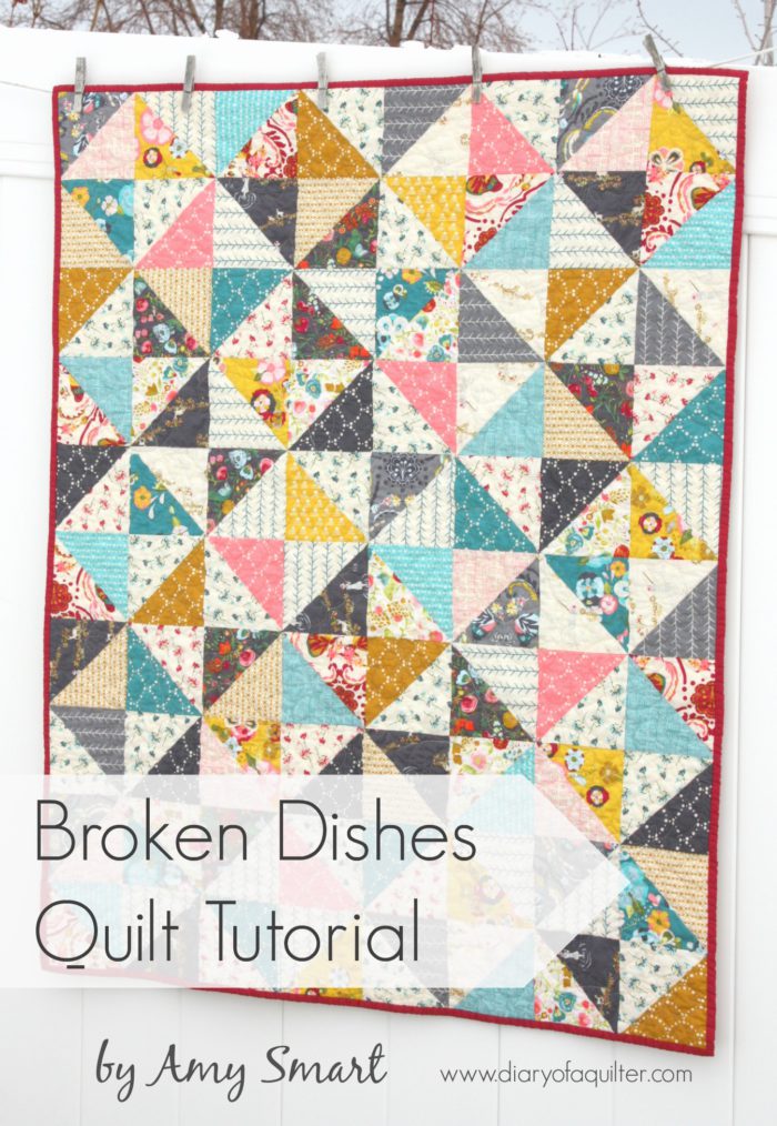 Half Square Triangle Quilt instructions and pattern featured by top US quilting blog, Diary of a Quilter: image of Broken Dishes simple baby quilt tutorial