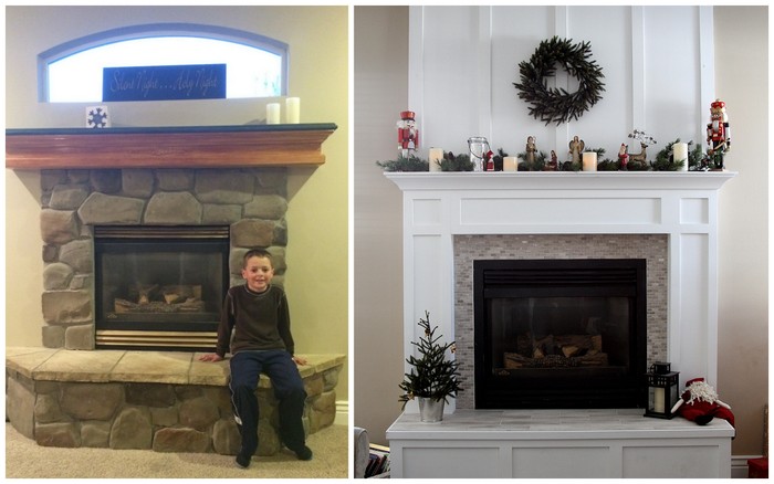 before and after fireplace mantle redo