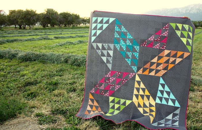 Brand new quilt pattern: Sugarhouse Star by popular Utah quilting blog, Diary of a quilter: image of a star quilt being help up outside by someone.