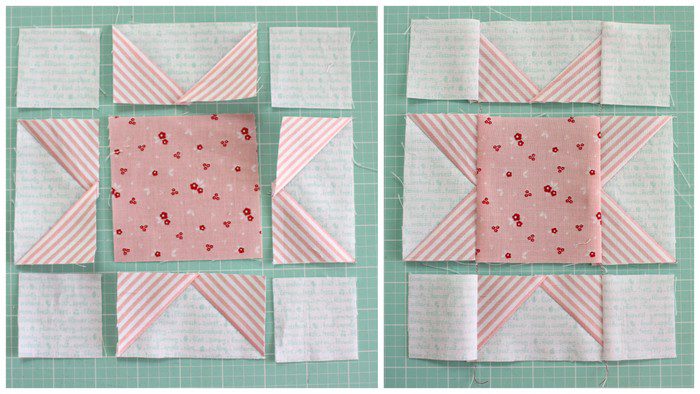 Fast Flying Geese + Sawtooth Star Quilt Block Tutorial featured by top US quilting blog, Diary of a Quilter: Sawtooth Star quilt block assembly