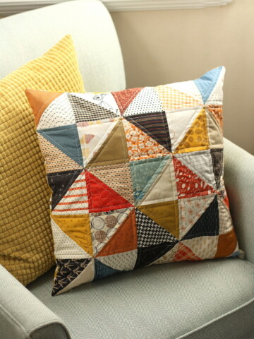 Fall Patchwork Pillow made with simple Half Square Triangle short cut