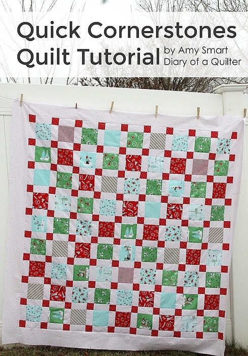 "Quick Cornerstone Quilt Tutorial” is a Free Christmas Quilt Pattern designed by Amy Smart from Diary of a Quilter!