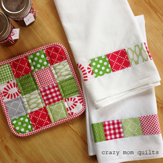 Simple patchwork-embellished potholder and dishtowel tutorial. Perfect for using up scraps.