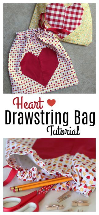Heart easy lined drawstring bag tutorial