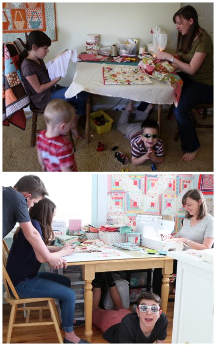 A Year in Review: Looking back at 2019 + Looking forward to 2020 by popular Utah quilting blog: image of a woman sitting at a table and working on a sewing project while her kids play around her. 