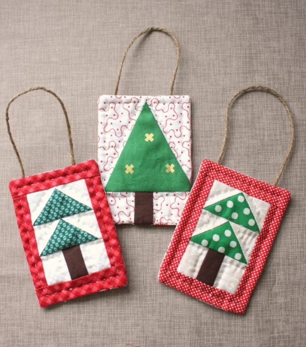 Handmade Christmas Ornament Ideas by popular Utah quilting blog, Diary of a Quilter: image of quilted patchwork Christmas tree ornaments.