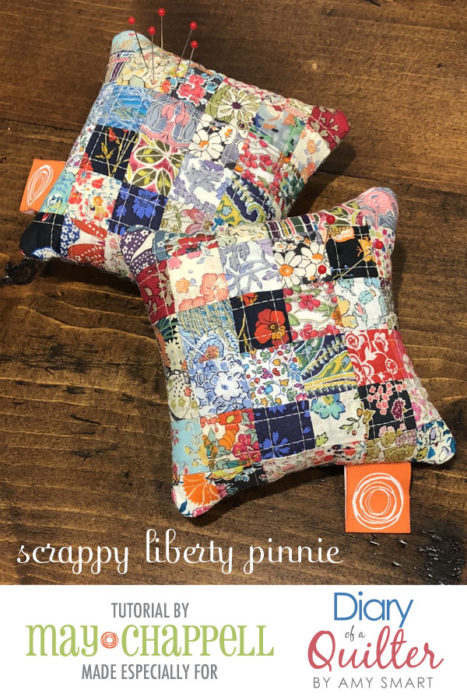 Patchwork Pincushion tutorial made with Liberty Lawns | Scrappy Liberty Patchwork Pincushion by Guest May Chappell by popular quilting blog, Diary of a Quilter: image of two Liberty Lawns patchwork pincushions.