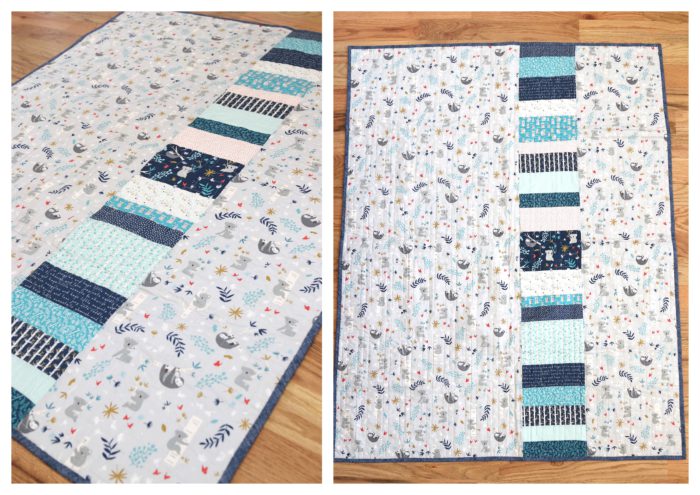 Bricks Baby Quilt Tutorial by popular quilting blog Diary of a Quilter: image of the backside of a bricks baby quilt displayed on a wooden floor.