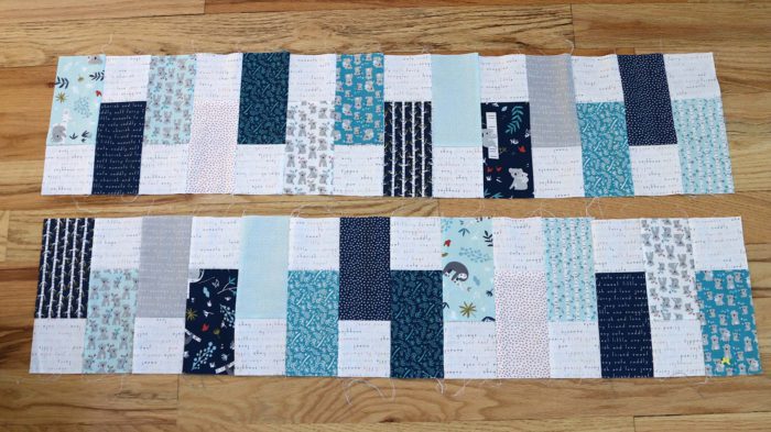 Bricks Baby Quilt Tutorial by popular quilting blog Diary of a Quilter: image of two strips of pieced quilting.