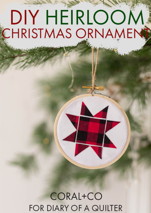 DIY Heirloom Christmas Ornament guest post by Coral + Co by popular Utah quilting blog, Diary of a Quilter: Pinterest image of a Coral + Co. DIY heirloom Christmas ornament hanging on a Christmas tree.