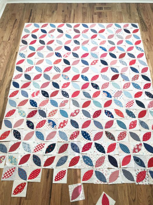 Red White and Blue orange peel applique quilt blocks by Amy Smart | More Orange Peel Applique Blocks + Real Life by popular Utah quilting blog: Diary of a Quilter: image of orange peel applique blocks laid out in a patter on a hard wood floor.