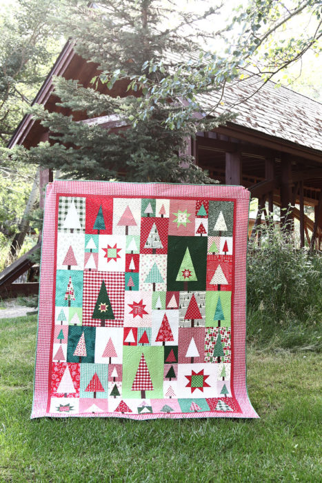 New Patchwork Forest Quilt Pattern: Pine Hollow Version by popular quilting blog, Diary of a Quilter: image of a red, white, and green patchwork forest tree quilt propped up outside against a pine tree.