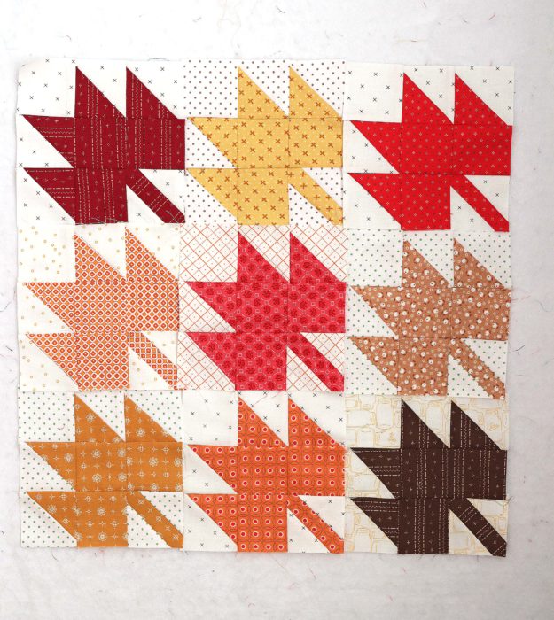 Classic Maple Leaf Quilt Block Tutorial by popular Utah quilting blog, Diary of a Quilter: image of the front side of a maple leaf block quilt.