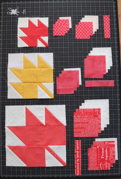 Classic Maple Leaf Quilt Block Tutorial by popular Utah quilting blog, Diary of a Quilter: image of maple leaf quilt blocks on a rotary cutting board.
