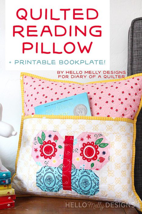 Quilted Butterfly Reading Pillow by Guest Host Melanie Collette by popular quilting blog, Diary of a Quilter: image of a butterfly reading pillow.