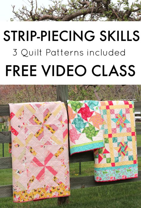 Video Class by Amy Smart for Riley Blake Designs teaching short-cut strip-piecing skills | Free Video Class: Strip Piecing Quilt Patterns by popular Utah quilting blog, Diary of a Quilter: image of three strip piecing quilts.