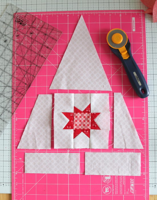 Pine Hollow Quilt Along Week 5 by popular quilting blog, Diary of a Quilter: image of a large quilting blocks pieced together to make a tree.