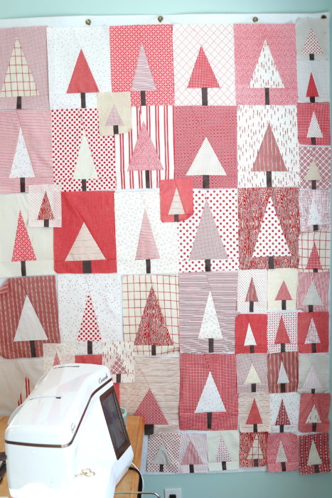 Improv Tree Quilt Blocks | Pine Hollow Patchwork Forest Quilt Along Week 4 by popular Utah quilting blog, Diary of a Quilter: image of red and white improve tree quilt blocks. 
