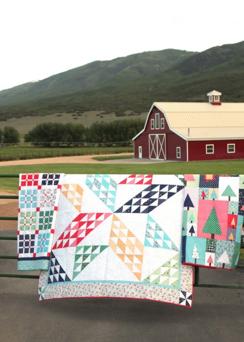 Sugarhouse Park Fabric Collection by Amy Smart by popular Utah quilting blog, Diary of a Quilter: image of quilts made out of Sugarhouse Park fabric draped over a fence outside in front of a barn. 