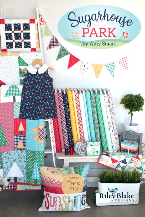 Sugarhouse Park Fabric Collection by Amy Smart by popular Utah quilting blog, Diary of a Quilter: image of bolts of Sugarhouse Park fabric and various items made from Sugarhouse fabric.