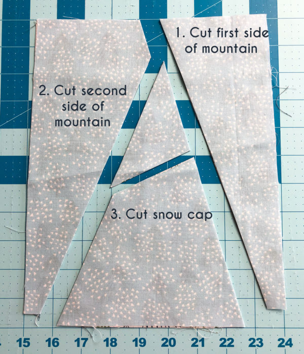  Snow-capped Mountain Quilt Block Tutorial by popular Utah quilting blog, Diary of a Quilter: image of cut up pieces of fabric. 