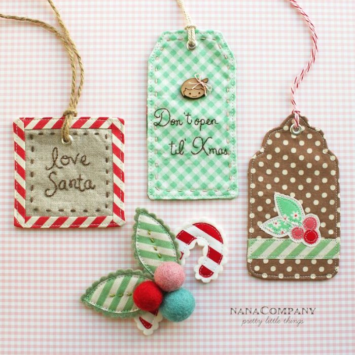 Handmade Christmas Ornament Ideas by popular Utah quilting blog, Diary of a Quilter: image of hand stitched gift tags. 