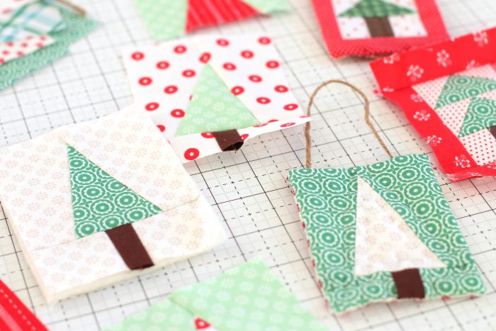 Handmade Christmas Ornament Ideas by popular Utah quilting blog, Diary of a Quilter: image of mini patchwork Christmas tree ornaments.
