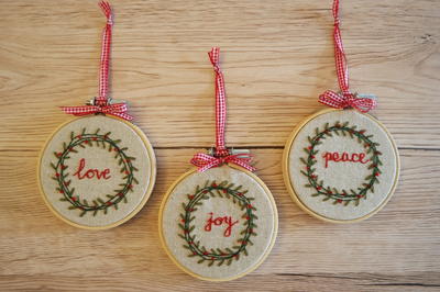 Handmade Christmas Ornament Ideas by popular Utah quilting blog, Diary of a Quilter: image of cross stitch ornaments. 