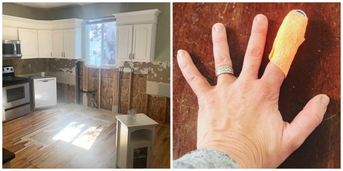 A Year in Review: Looking back at 2019 + Looking forward to 2020 by popular Utah quilting blog: image of a demoed kitchen and a woman wearing a finger splint.