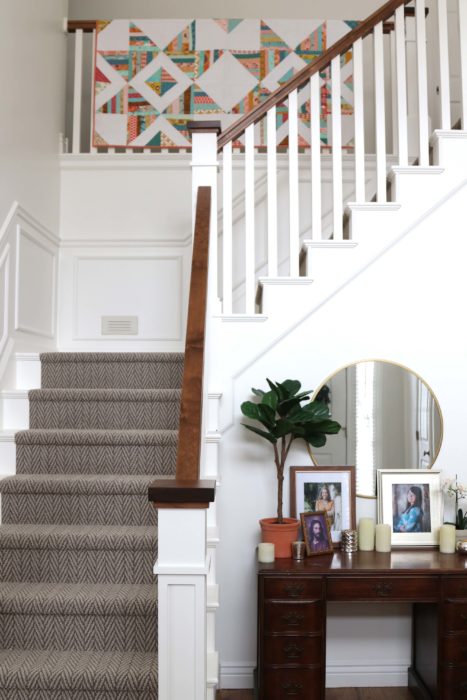 Craftsman-style Staircase update - white paint, herringbone carpet