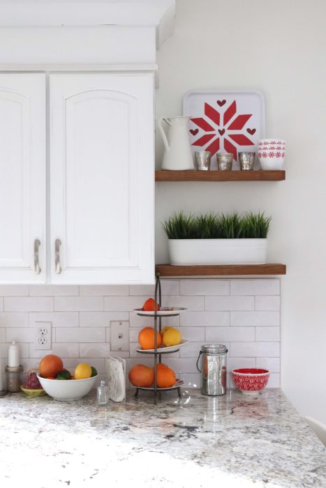 Kitchen Renovation Update - White Subway tile, warm white granite countertops, Simple White paint