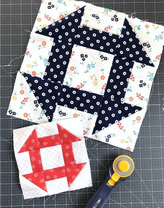 Churn Dash Quilt Block tutorial featuring Sugarhouse Park Fabrics