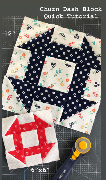 Churn Dash Quilt Block tutorial available in 6 inch and 12 inch sizes