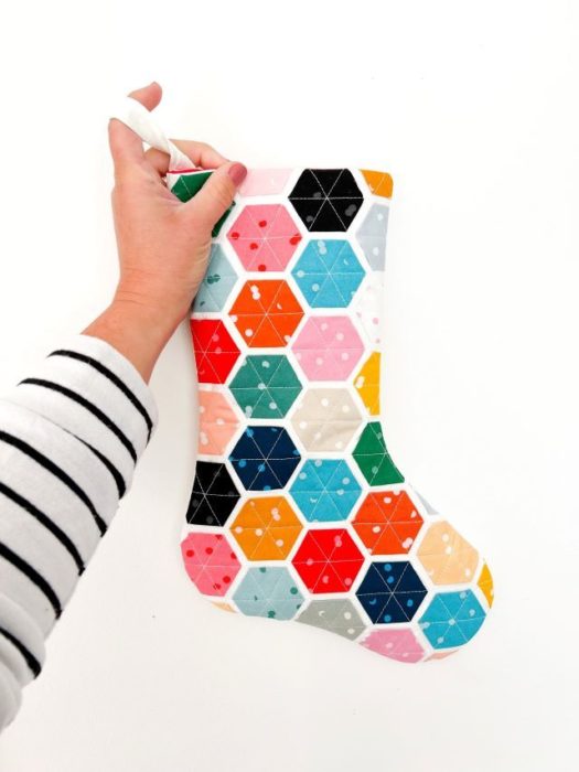 Applique hexagon modern quilted Christmas stocking from Nicole at Modern Handcraft