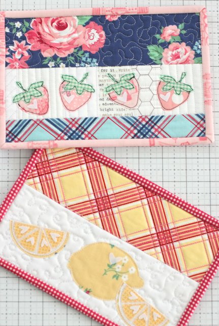 Summer Fruit Mini Quilt Mug Rug pattern designed by Amy Chappell using Notting Hill Fabric