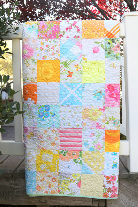 Patchwork quilt made from vintage sheets and linens