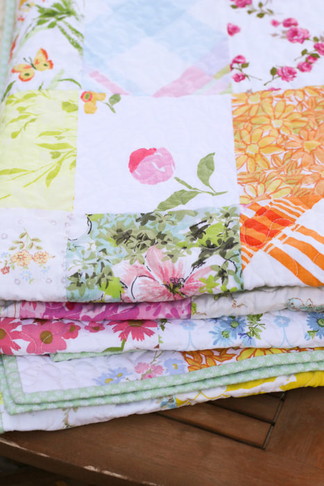 Patchwork quilt made from vintage sheets and linens