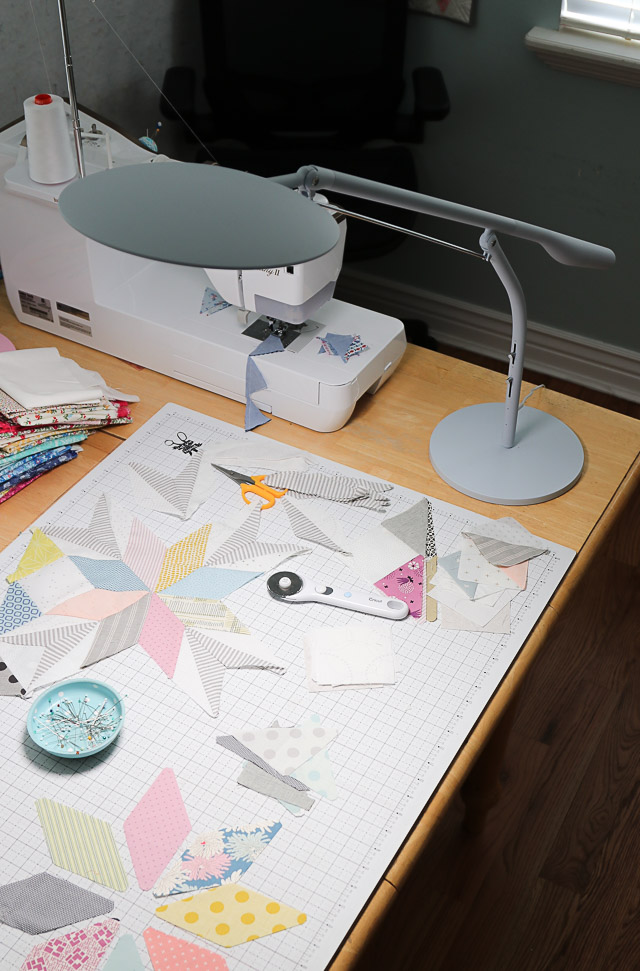 My favorite new lamp for any sewing room - the Bright 360 lamp from Cricut. #ad Easy to pivot from my cutting table to my sewing machine. Lights up both spaces with clear, glare-free white light. I can comfortably see my work detail with less eye-strain. 