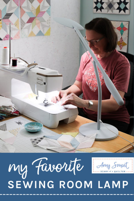 My favorite new lamp for any sewing room - the Bright 360 lamp from Cricut. #ad Easy to pivot from my cutting table to my sewing machine. Lights up both spaces with clear, glare-free white light. I can comfortably see my work detail with less eye-strain. 