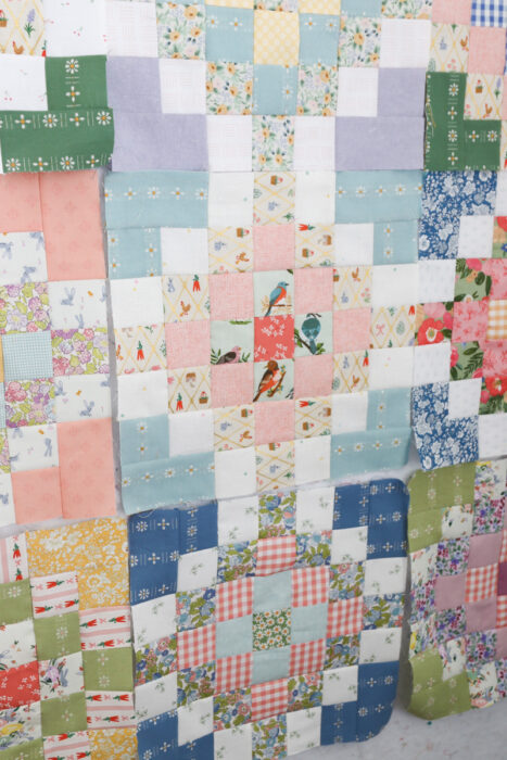 Pastel Spring/Easter quilt blocks made with Checkered Garden quilt block tutorial