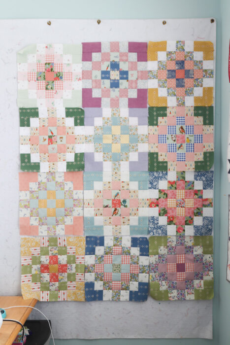 Pastel Spring/Easter quilt blocks made with Checkered Garden quilt block tutorial