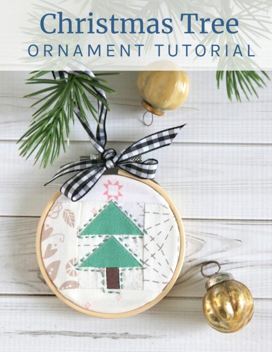 Handmade Christmas Tree ornament tutorial made with pieced flying geese blocks framed with a simple embroidery hoop.