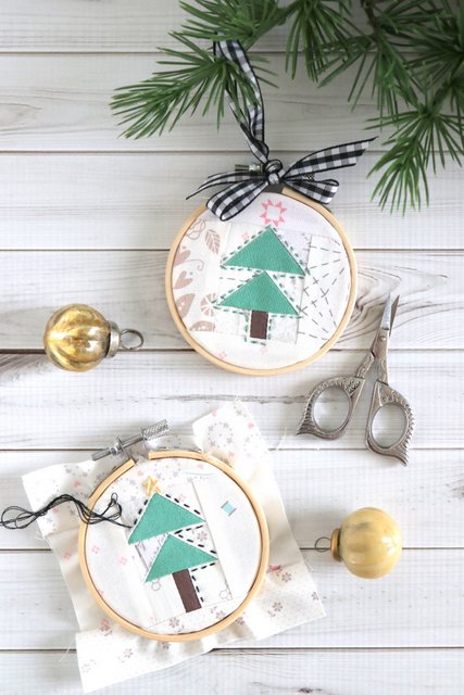 Handmade Christmas Tree ornaments with pieced flying geese blocks framed with a simple embroidery hoop.