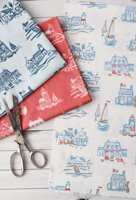 Red, White, and Blue nautical Portsmouth Fabric collection from Amy Smart and Riley Blake Designs. Summer cottage vignettes by artist Laura Miller Studios.