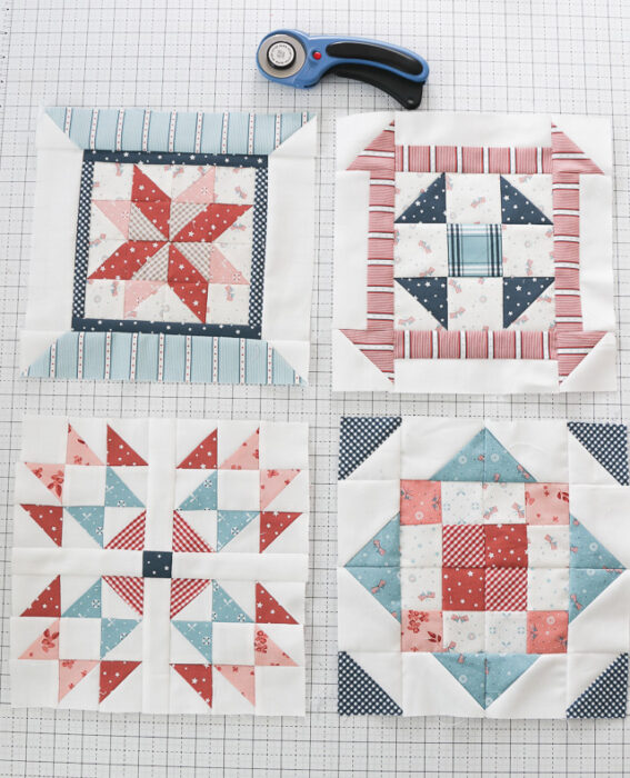 Free Quilt Block Patterns. Featuring red, white, and blue prints from Portsmouth Collection