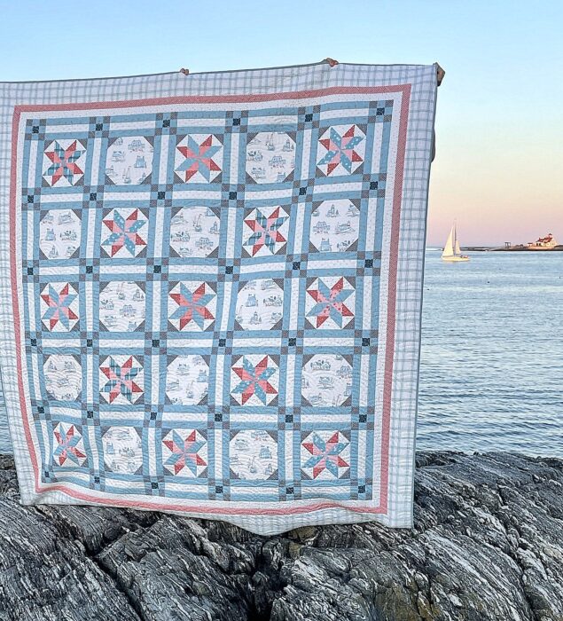 Nautical red, white, and blue quilt made by Amy Smart pattern New Castle Beach. Reminiscent of New England summers at the seaside. Featuring fabric from the Portsmouth collection by Amy Smart, Diary of a Quilter