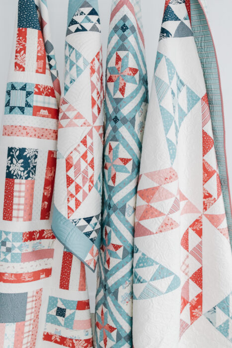 Red, white, and blue quilts made with patterns from Amy Smart, Diary of a Quilter. Reminiscent of washed out antique quilts at the beach. 