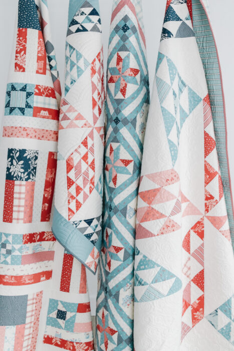 Red, white, and blue quilts made with patterns from Amy Smart, Diary of a Quilter. Reminiscent of washed out antique quilts at the beach.